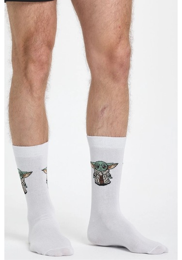 Erkek Pamuklu Özel Desenli Dikişsiz Yumuşak Dokulu Terletmez Rahat Esnek Soket Çorap Beyaz-yoda