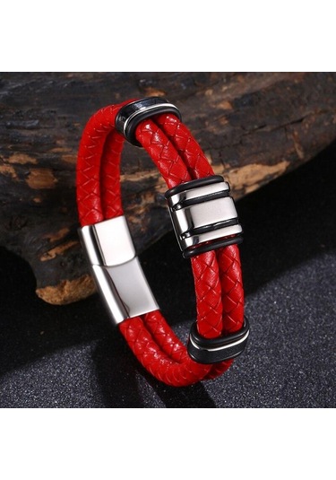Lüks El Yapımı Deri Örgü Erkek Bileklik Paslanmaz Çelik Toka İş Adamı Bileklikleri Arkadaş Ortak Aşıklar İçin Hediye Kırmızı