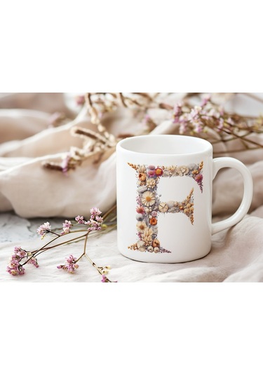 F Harfi Çiçek Desenli Kupa Bardak - Alfabe Harfleri İle Doğal Çiçekli Kupa - Hediye Fikir Beyaz