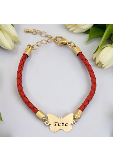 Tuba İsmine Özel 14 Ayar Altın Plakalı Turuncu Derili Kelebek Motifli Hediye Bileklik-502isim Tuba
