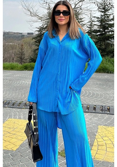Kadın Mavi Uzun Tunik Gömlek & Beli Lastikli, Bol Paça Pantolon - Salaş Bürümcük Takım Mavi