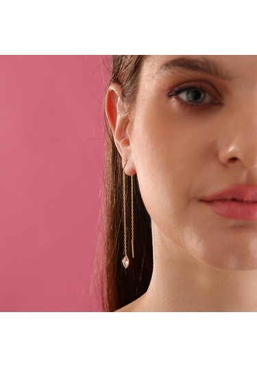 Queen Silver Jewelry 925 Ayar Gümüş Mekik Taş Sallantılı Küpe Altın