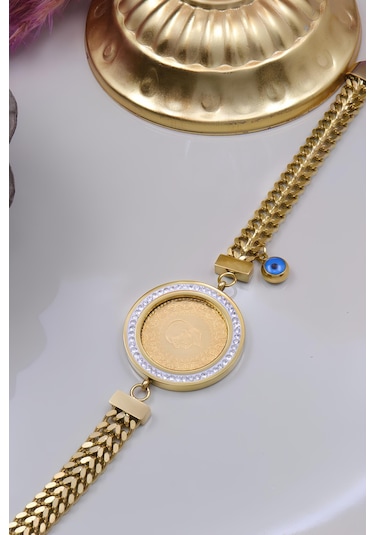 22 Ayar Çeyrek Altınlı Çelik Zincirli Bileklik