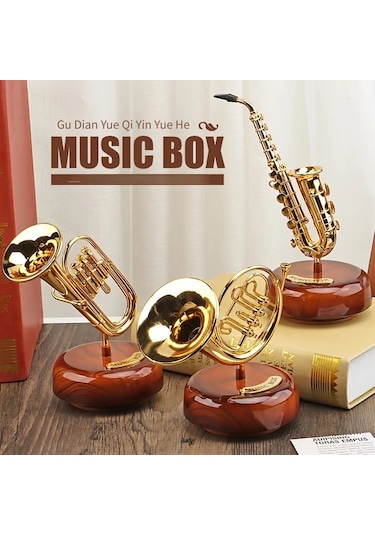 Willowhaven 2057 Small Lüks Döner Müzik Kutusu Altın Saksafon Trompet Kornet Dekor
