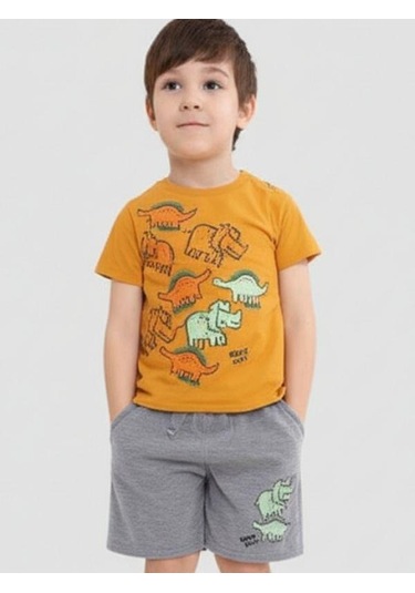 Erkek Bebek Hayvan Baskılı Şortlu Takım-15836 Turuncu