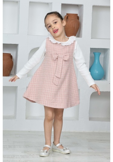 Kız Çocuk Şanel Kumaş 2'li Elbise Elbise+bady Bluz 12174 Gülkurusu