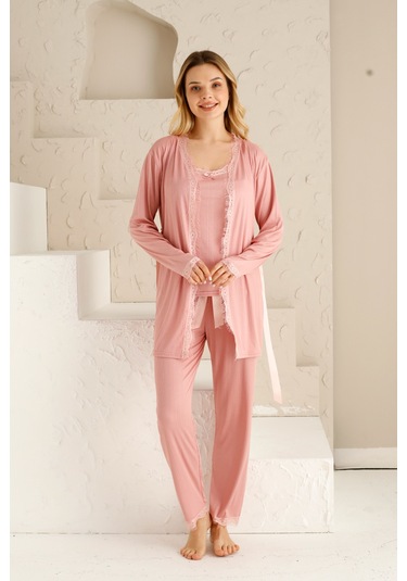 Sabahlıklı Dantel Detaylı Pegasus Kadın Pijama Takımı-çeyizlik Takım- Geniş Beden Aralığı Pudra