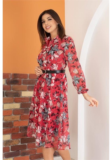 Neşeli Butik Kadın Kırmızı Kemerli Çiçek Desenli Şifon Elbise Ry0031 Bordo