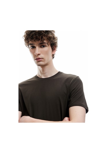 Koton Pamuklu Kısa Kollu Bisiklet Yaka Erkek Basic Tişört Kahverengi 6wam10062hk Kahve