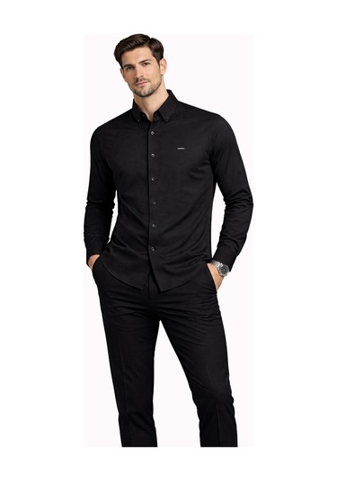 Classics Men Cafes Uzun Kol Slim Fit Erkek Oxford Gömlek - 7577 Siyah