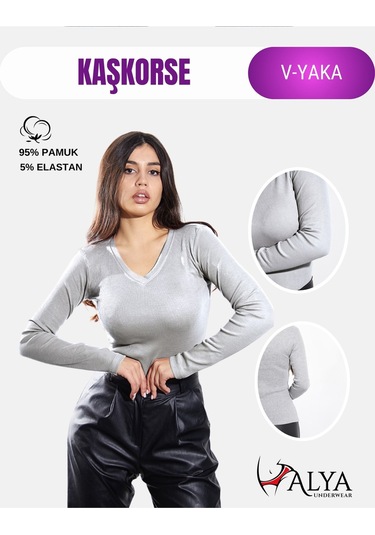 Pamuklu Kaşkorse V Yaka Body Sweatshirt, Fitilli Kumaş Likralı Bluz, Asker Yeşili Badi Gri Melanj