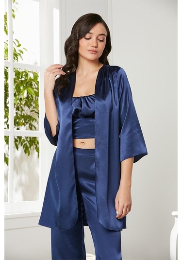 Pierre Cardin 2075 Kadın Saten Sabahlıklı Pijama Takım-lacivert Lacivert