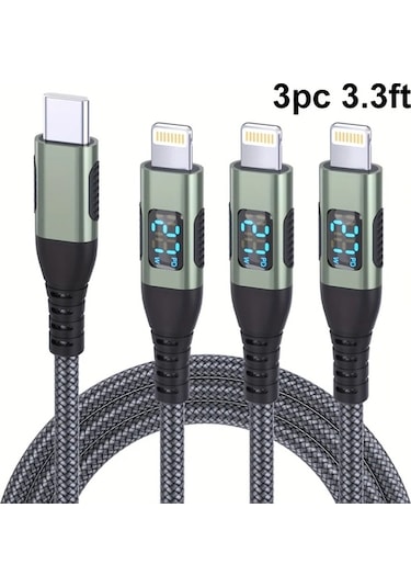 Honeybeeshop 3 Adet Yeşil Aıcase İphone Şarj Kablosu İçin Led Ekran 3 Metre 10 Fit Uzun Örgülü Kablo İphone 14 13 12 11 X Xs Xr Xs Max Uyumlu