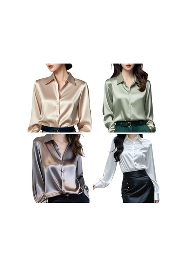 Kadın Gömlek Düz Renk Pürüzsüz Saten Uzun Kollu Yaka Rahat Üstler Tek Göğüslü Fransız Tarzı Ofis Gömlek Açık Yeşil