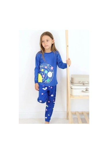 Kız Çocuk Pamuklu Gezegen Baskılı Pijama-15272 Lacivert