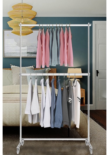 Ev Tipi Çift Katlı Kıyafet Askısı Tekerlekli Askılık Orta Stant Metal