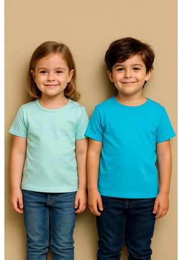 Chic Panda Çocuklar İçin Günlük Kullanım İçin Düğmeli Temel Tişört Seti 115429132 Açık Mavi