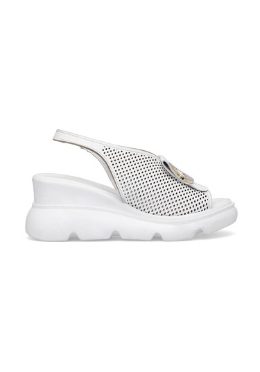 Elit Zeyn 8067 Kadın Hakiki Deri Dolgu Topuk Sandalet Beyaz Beyaz