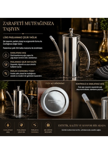 304 Lüks Paslanmaz Çelik Yağdanlık-demlik 700 Ml ,ateşe Uygun & Şık Sofra & Mutfak Kullanımı