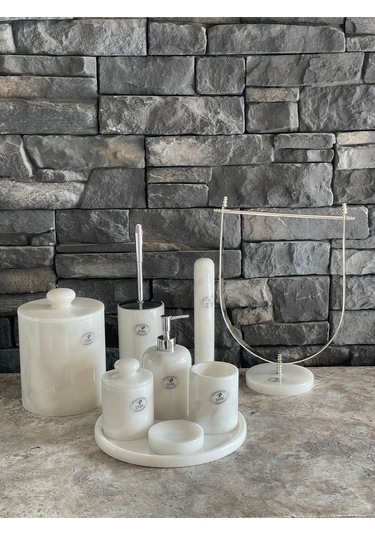 Beyaz Doğal Mermer Gümüş Rengi Aksesuarlı 9,lu Banyo Seti Beyaz