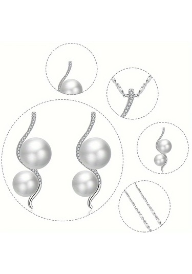 Zirkon Taşlı 2 Sıra Beyaz İnci Gümüş Takı Seti, Ahşap Kutu İçerisinde Gümüş