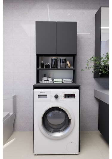 Verani Çamaşır Makinesi Dolabı Banyo Kiler Çift Kapaklı Arkal... Antrasit