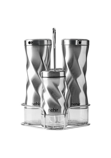 Nehir Burgulu Standlı 4 Parça Paslanmaz Çelik Yağdanlık ve Baharatlık Seti 1