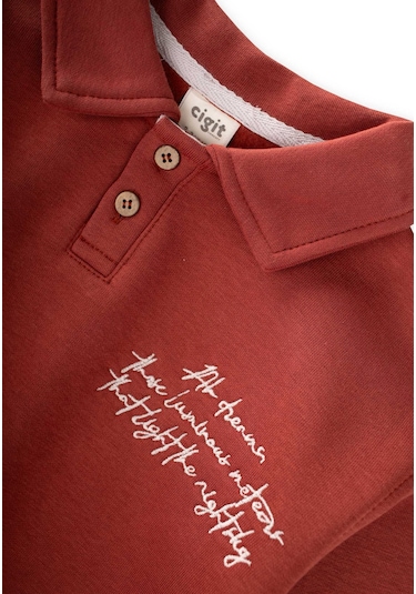 Cigit Yakalı Nakış İşlemeli Sweatshirt Takım 2-10 Yaş Kiremit Kiremit