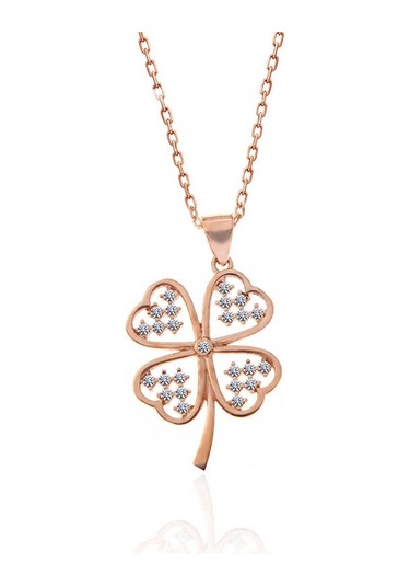 925 Ayar Gümüş Rose Kalpli Dört Yapraklı Yonca Kadın Kolye Gümüş