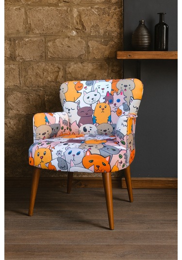 Roma Modern Tekli Koltuk Berjer - Dijital Baskılı Kumaş - Ahşap Ayak - Kedili 2 Kedili - 2