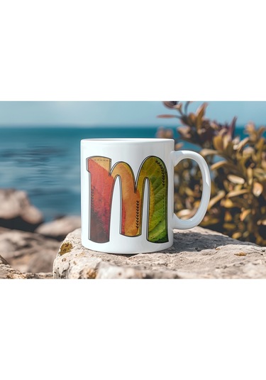 M Harf Yaprak Renkleri İle Kupa Bardak - Kişiye Özel Alfabe Harfli Bardak - Hediye Beyaz