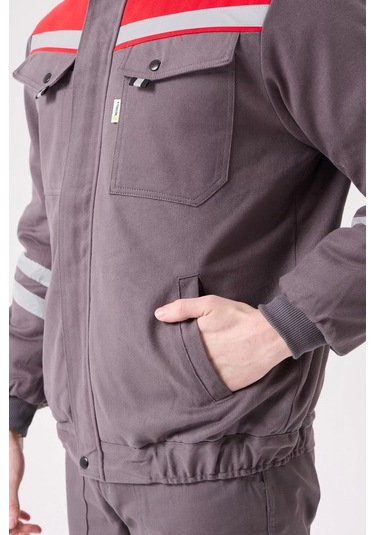 Kışlık İş Montu Grikırmızı Reflektörlü Gabardin Royal Mont İçi Kapitoneli Sıcak Tutan Gri-Kırmızı