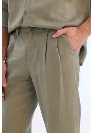 Defacto %100 Keten Normal Kesim Crop Duble Paça Yazlık Kumaş Pantolon C1826ax25smkh433 Haki