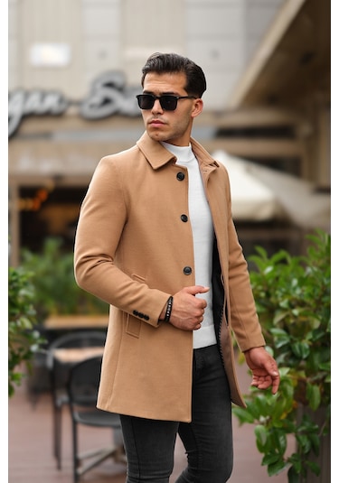 Erkek Dar Kesim Yün Karışımlı Kaşe Gömlek Yaka Palto Kaban - Camel Erkek Dar Kesim Yün Karışımlı Kaşe Gömlek Yaka Palto Kaban - Camel