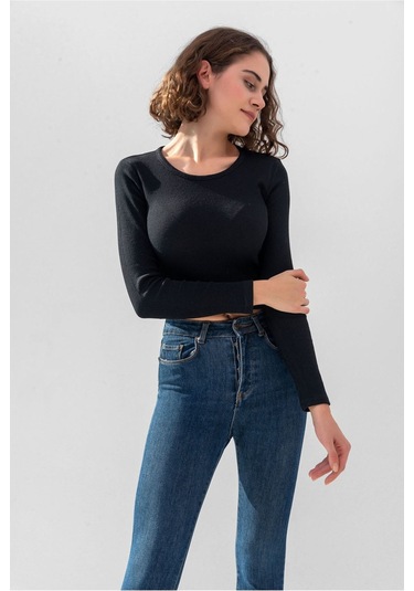 Gri Uzun Kollu Fitilli Bluz Crop Örme T-shirt Siyah