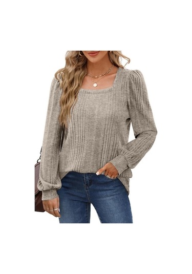 Novahub Gmxıa Kadın Modası Rahat Yaz Düz Renk Baskı Uzun Kollu U Yaka Bluzlar Ve Gömlekler Haki - L Haki