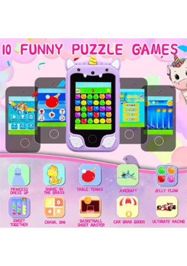 Çocuklar İçin Eğitici Telefon Dokunmatik Ekran Çift Kameralı Fenerli Müzik Çalar Oyun Video Mor