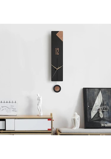 Cajuart Modern Uzun Ahşap Siyah Düz Çizgili Sarkaçlı Duvar Saati