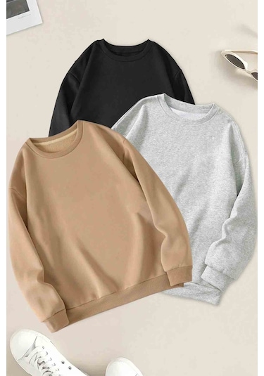 3'lu Paket Bej Gri Siyah Oversize Sweatshirt Siyah