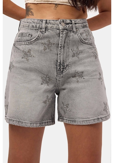 Itsbasic Kadın Füme T-4s6-12 Mom Relax Yıldız Detaylı Tasarım Denim Şort
