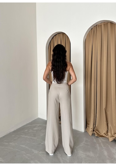 Taş Bel Bantı Detaylı Yan Fermuarlı Pantolon Taş