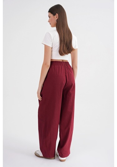 4682 Kadın Beli Lastikli Jogger Bol Keten Pantolon Bordo Bordo