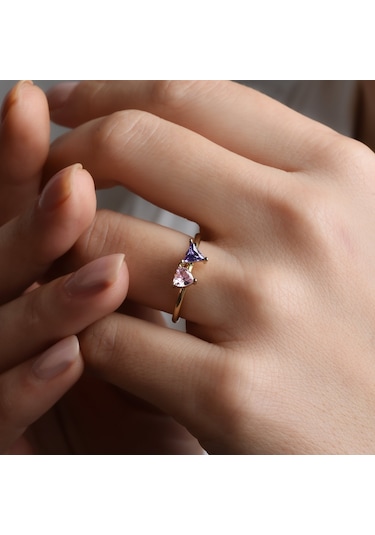 14 Ayar Altın Kaplama Kalp Ve Üçgen Renkli Taşlı Yüzük - Rs00113 Altın