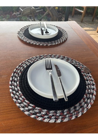 Siyah Desenli Yuvarlak 2 Li Supla Seti Şık Masa Sunumları İçin Kırmızı - Siyah - Gri