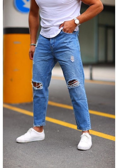 Boyfriend Diz Yırtık Modelli Kot Pantolon Mavi