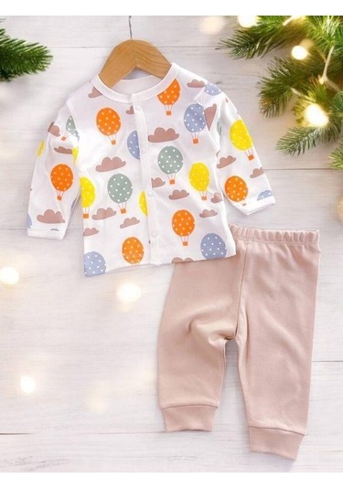 Bebek Uçan Balonlu Bulutlu Pamuklu Alt Üst Takım-15134 Vizon