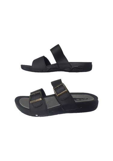 Alc Eren Erkek Siyah Çift Tokalı Ortopedik Taban Günlük Terlik Siyah