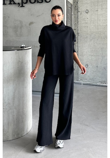 Modagen Kadın Selanik Kumaş Balıkçı Yaka Alt Üst Takım Siyah