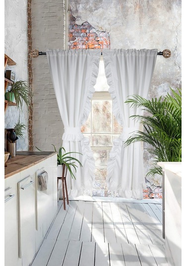 Poli Perde Çift Kanat Dikey Fırfırlı Beyaz