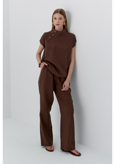 Düğme Detaylı Keten Takım Kahverengi Kahverengi